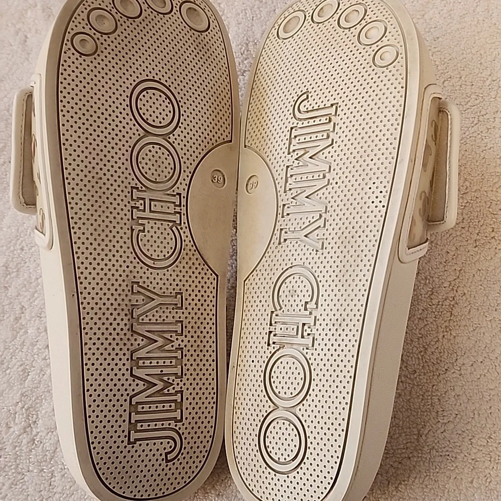 Jimmy Choo Womens White Slide Sandals With Clear Gold JCs Size 9 Preowned - Picture 10 of 12